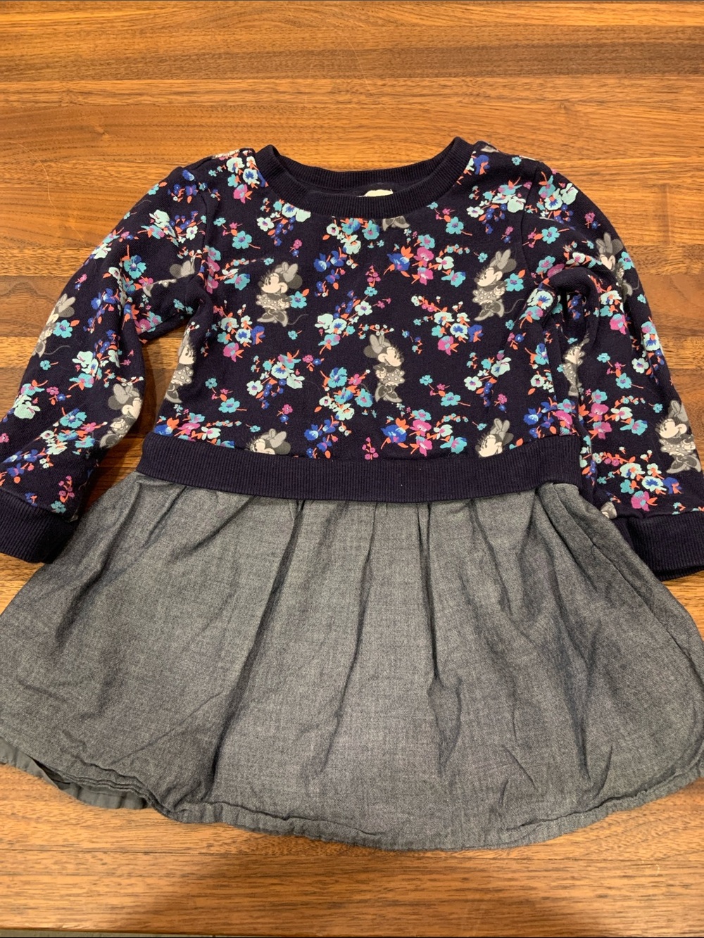 Disney x Gap Kids Minnie Mouse Floral Knit Dress Gray Chambray Skirt 2T Like New